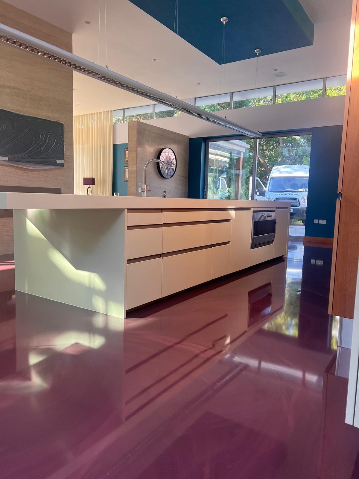 Purple epoxy flooring in kitchen
